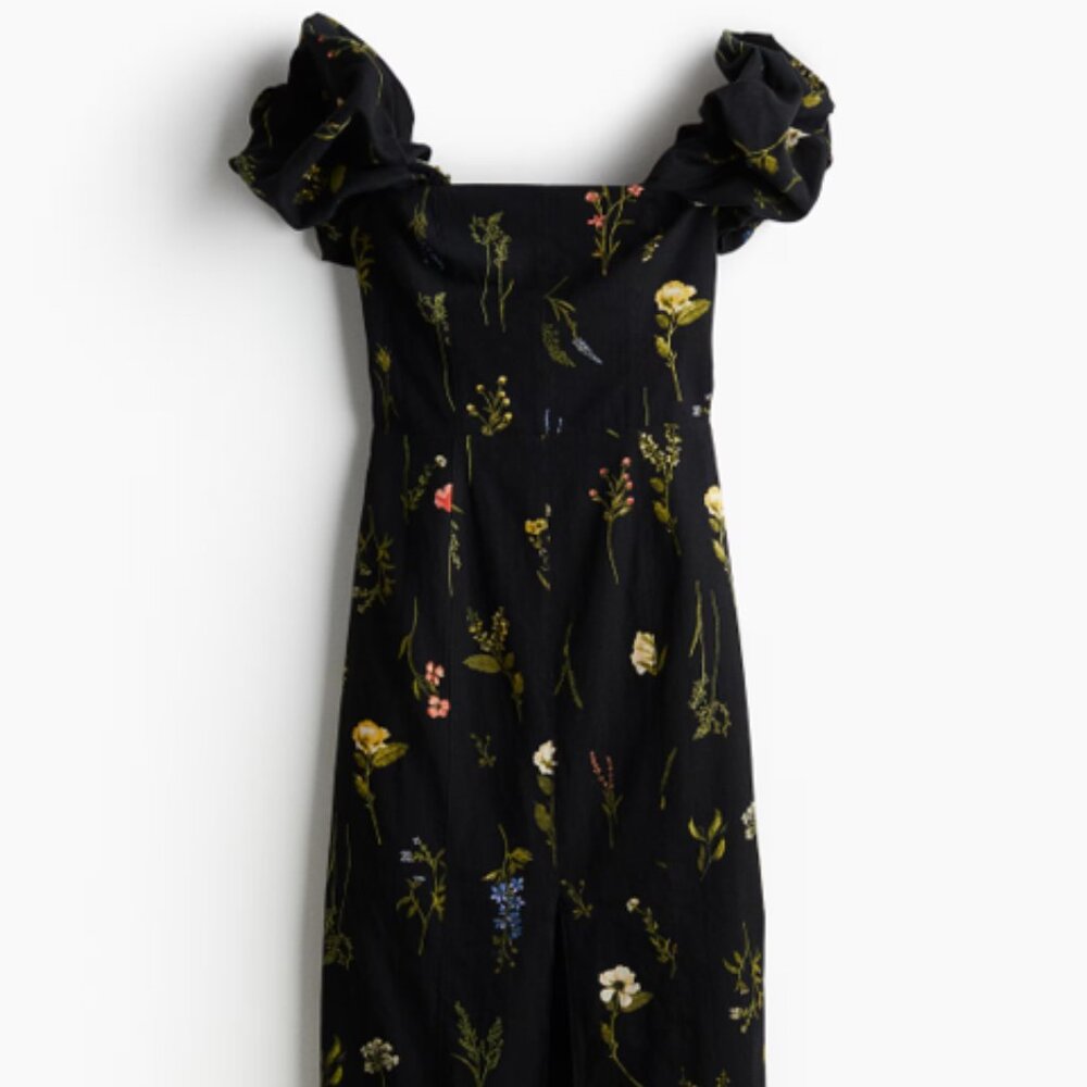 NWT!! H&M Linen-blend Off-the-shoulder Dress - BLACK FLORAL
